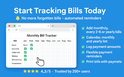 Monthly Bill Tracker  from Chrome web store to be run with OffiDocs Chromium online