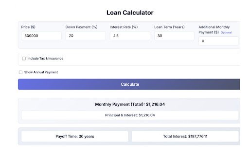 Mortgage Calculator  from Chrome web store to be run with OffiDocs Chromium online