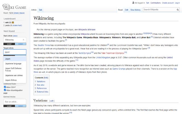 Wikigame nhiều người chơi từ cửa hàng Chrome trực tuyến sẽ được chạy với OffiDocs Chromium trực tuyến