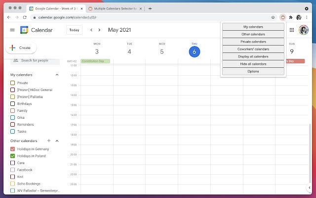 Selector de calendarios múltiples para Google Cal de Chrome web store para ejecutarse con OffiDocs Chromium en línea