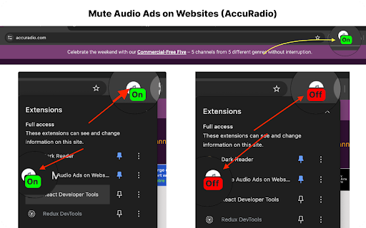 Mute Audio Ads on Websites (AccuRadio)  from Chrome web store to be run with OffiDocs Chromium online