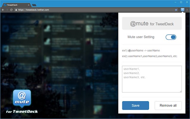 Chrome web mağazasından TweetDeck'in OffiDocs Chromium çevrimiçi ile çalıştırılması için @mute