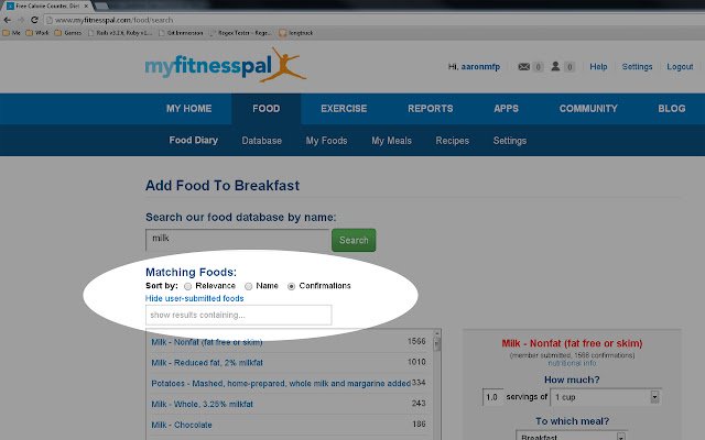 MyFitnessPal Search Filters  from Chrome web store to be run with OffiDocs Chromium online
