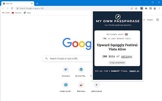 来自 Chrome 网上商店的 My Own Passphrase 将与 OffiDocs Chromium 在线一起运行