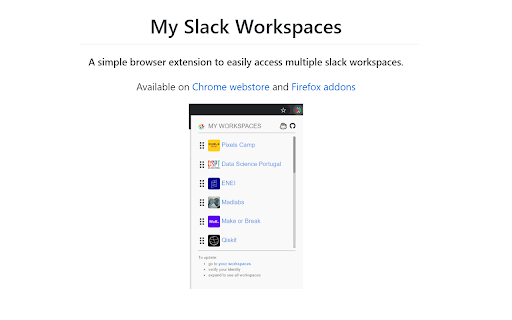 My Slack Workspaces  from Chrome web store to be run with OffiDocs Chromium online