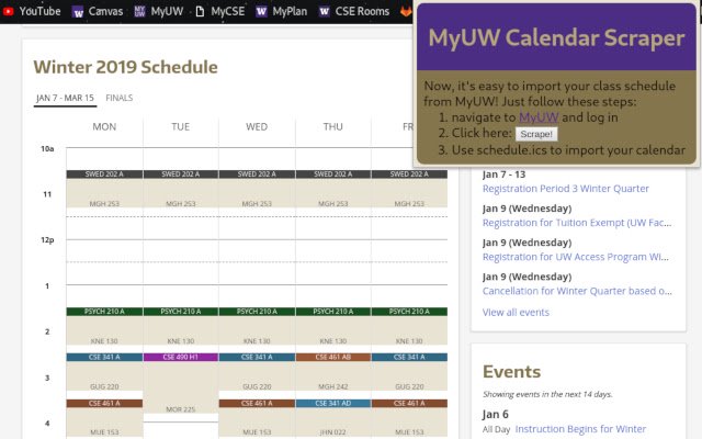 MyUW Calendar Scraper  from Chrome web store to be run with OffiDocs Chromium online