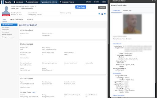 NamUs Case Tracker  from Chrome web store to be run with OffiDocs Chromium online