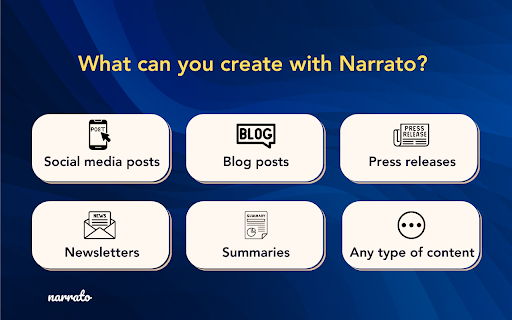 Narrato from Chrome web store to be run with OffiDocs Chromium online Narrato from Chrome web store to be run with OffiDocs Chromium online