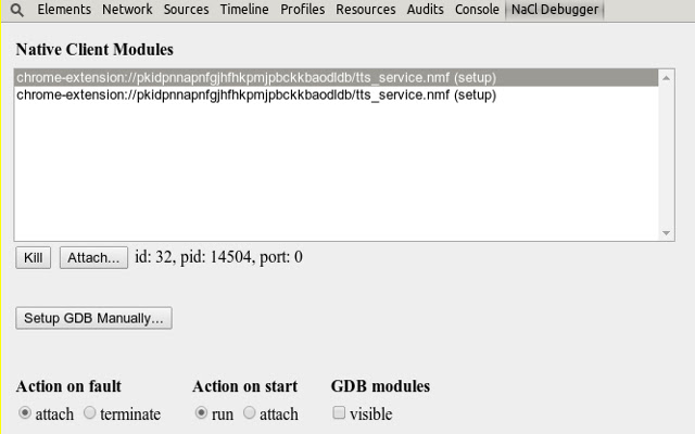 Native Client GDB  from Chrome web store to be run with OffiDocs Chromium online