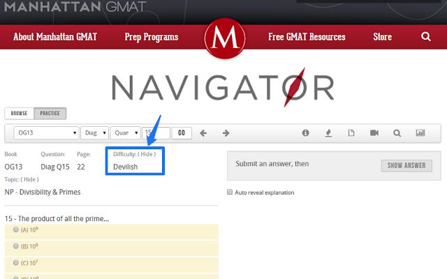 Navigator Difficulty Hider: Manhattan GMAT  from Chrome web store to be run with OffiDocs Chromium online