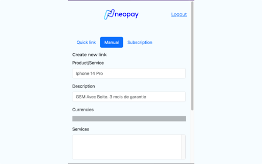 Neopay Quick Links  from Chrome web store to be run with OffiDocs Chromium online