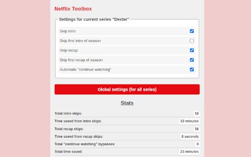 Netflix Toolbox Intro skip | Auto "continue watching" and more  from Chrome web store to be run with OffiDocs Chromium online