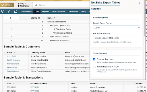 NetSuite Export Tables and Lists  from Chrome web store to be run with OffiDocs Chromium online