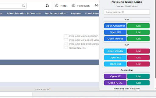 Netsuite quick Links  from Chrome web store to be run with OffiDocs Chromium online
