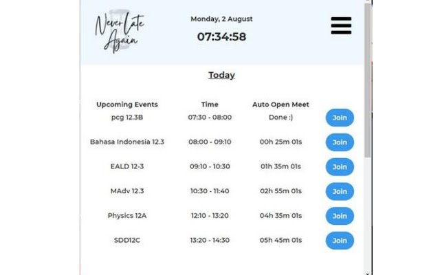 NeverLateAgain Auto Join Google Meet  from Chrome web store to be run with OffiDocs Chromium online