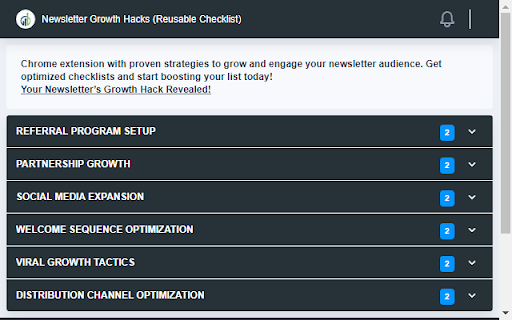 Newsletter Growth Hacks (Reusable Checklist)  from Chrome web store to be run with OffiDocs Chromium online