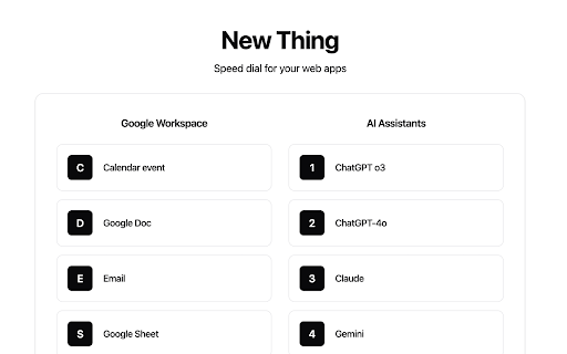 New Thing speed dial for your web apps from Chrome web store to be run with OffiDocs Chromium online New Thing speed dial for your web apps from Chrome web store to be run with OffiDocs Chromium online
