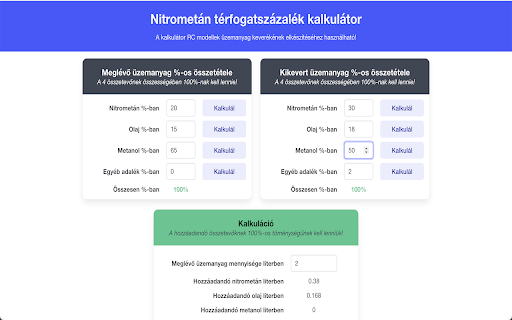 Nitrometán térfogatszázalék kalkulátor  from Chrome web store to be run with OffiDocs Chromium online