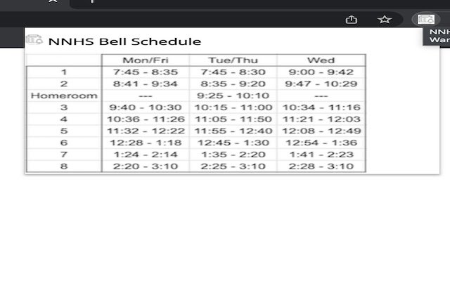 NNHS Bell Schedule ຈາກຮ້ານເວັບ Chrome ທີ່ຈະດໍາເນີນການກັບ OffiDocs Chromium ອອນໄລນ໌