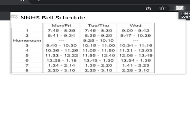 Jadual Loceng NNHS daripada kedai web Chrome untuk dijalankan dengan OffiDocs Chromium dalam talian