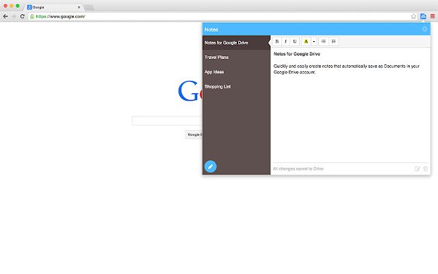 Notes: Keep Sticky Thoughts in Google Drive  from Chrome web store to be run with OffiDocs Chromium online