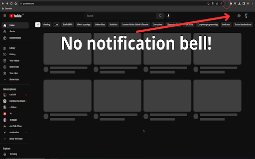 Notification Bell Hider for Youtube™  from Chrome web store to be run with OffiDocs Chromium online