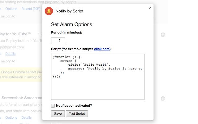 Notify by Script  from Chrome web store to be run with OffiDocs Chromium online