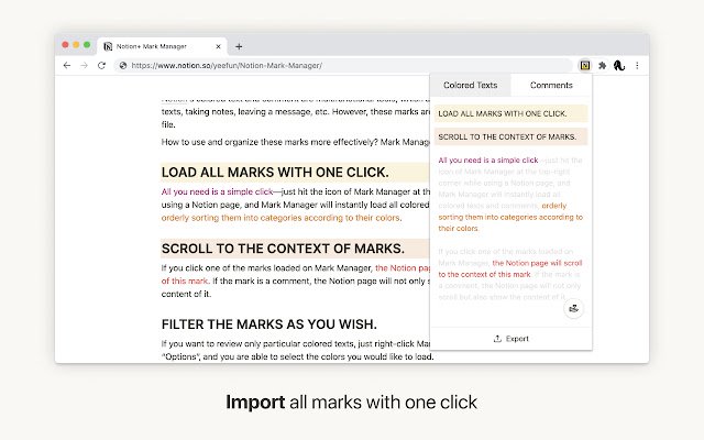 Notion+ Mark Manager mula sa Chrome web store na tatakbo sa OffiDocs Chromium online