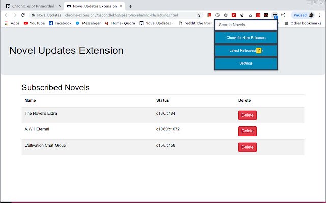 Novel Updates Tracker da Chrome Web Store será executado com OffiDocs Chromium online