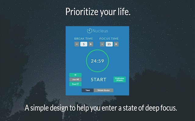 Nucleus: un temporizador Pomodoro y un bloqueador de sitios web de Chrome web store para ejecutarse con OffiDocs Chromium en línea