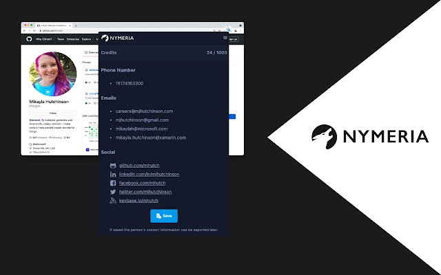 Nymeria: Easily find contact information  from Chrome web store to be run with OffiDocs Chromium online