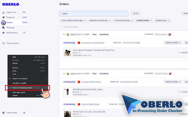 OBERLO In Processing Order Checker de la boutique en ligne Chrome à exécuter avec OffiDocs Chromium en ligne