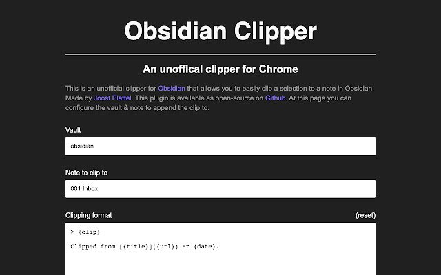 Obsidian Clipper  from Chrome web store to be run with OffiDocs Chromium online