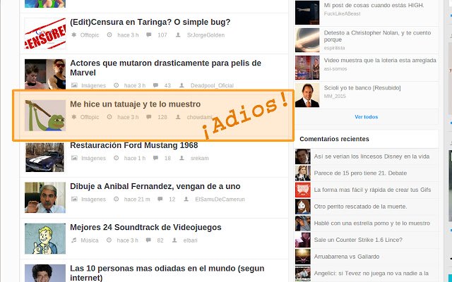 Ocultar posts no deseados en taringa  from Chrome web store to be run with OffiDocs Chromium online