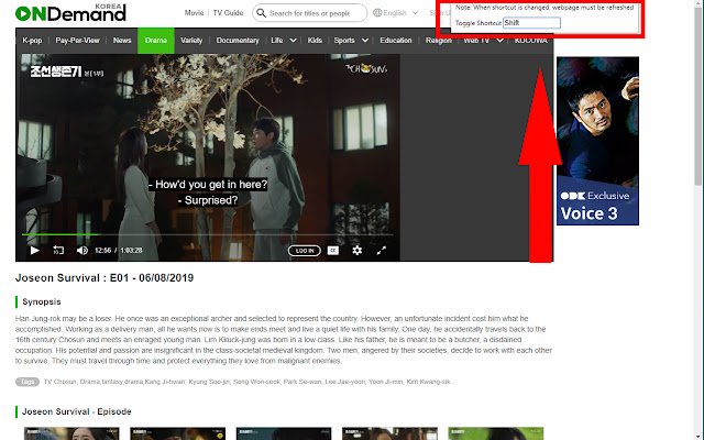 OnDemand Korea Subtitle Toggle vanuit de Chrome-webwinkel voor gebruik met OffiDocs Chromium online