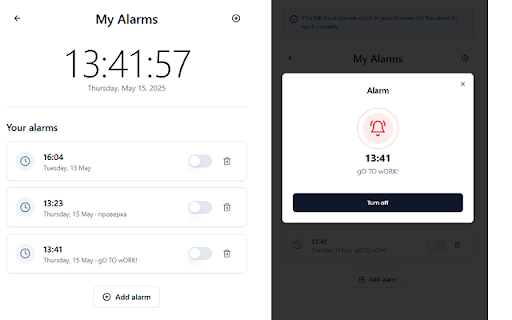 Online Alarm Clock – Your Free Alarm in Browser! from Chrome web store to be run with OffiDocs Chromium online Online Alarm Clock – Your Free Alarm in Browser! from Chrome web store to be run with OffiDocs Chromium online