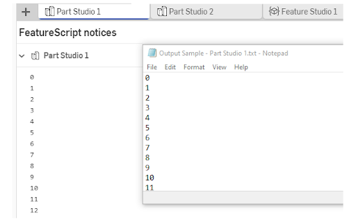 Onshape FeatureScript Notices Output  from Chrome web store to be run with OffiDocs Chromium online