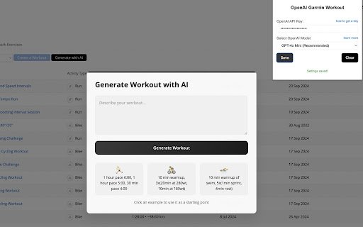 OpenAI Garmin Workout  from Chrome web store to be run with OffiDocs Chromium online