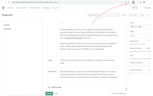 OpenAI Playground Messages to Markdown  from Chrome web store to be run with OffiDocs Chromium online