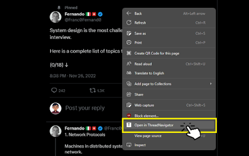 open in ThreadNavigator  from Chrome web store to be run with OffiDocs Chromium online