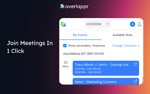 Overlappr Timezone Extension for Google Calendar  from Chrome web store to be run with OffiDocs Chromium online