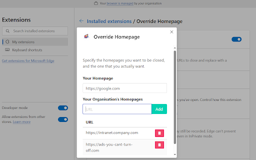 Override Homepage  from Chrome web store to be run with OffiDocs Chromium online