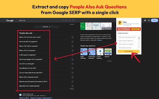 PaaQ: Extract People Also Ask questions from Google SERP  from Chrome web store to be run with OffiDocs Chromium online