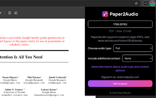Paper2Audio  from Chrome web store to be run with OffiDocs Chromium online