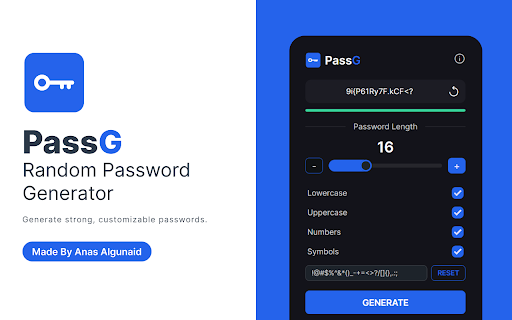 PassG: Random Password Generator  from Chrome web store to be run with OffiDocs Chromium online
