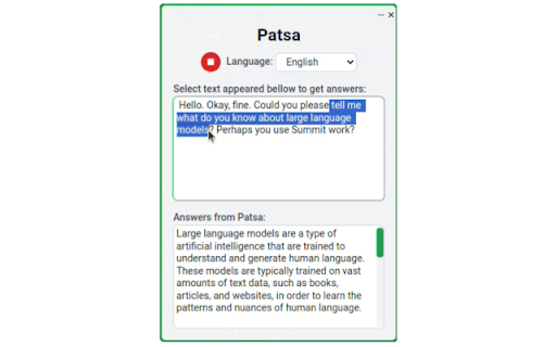 Patsa AI powered Meeting Copilot  from Chrome web store to be run with OffiDocs Chromium online