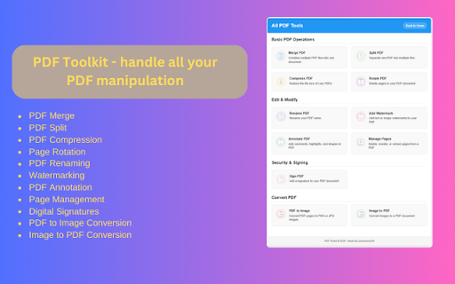PDF Toolkit handle all your PDF Manipulation  from Chrome web store to be run with OffiDocs Chromium online