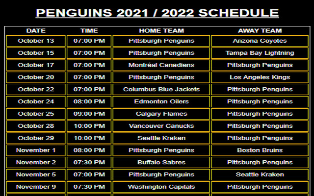 Penguins 2022 2023 Schedule  from Chrome web store to be run with OffiDocs Chromium online