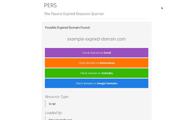 PERS Der Passive Expired Resource Scanner aus dem Chrome-Webshop, der mit OffiDocs Chromium online ausgeführt werden soll