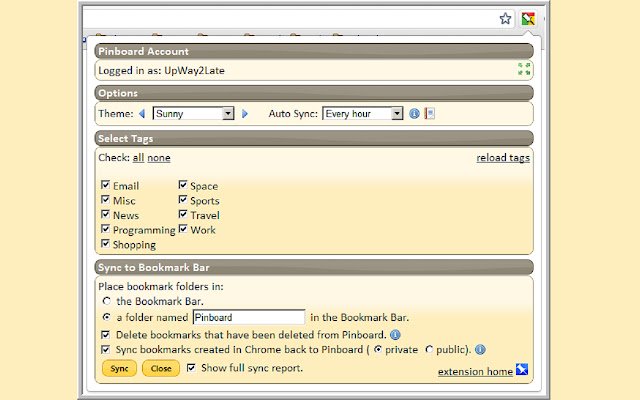 Pinboard Bookmark Bar Sync 1.1 mula sa Chrome web store na tatakbo sa OffiDocs Chromium online